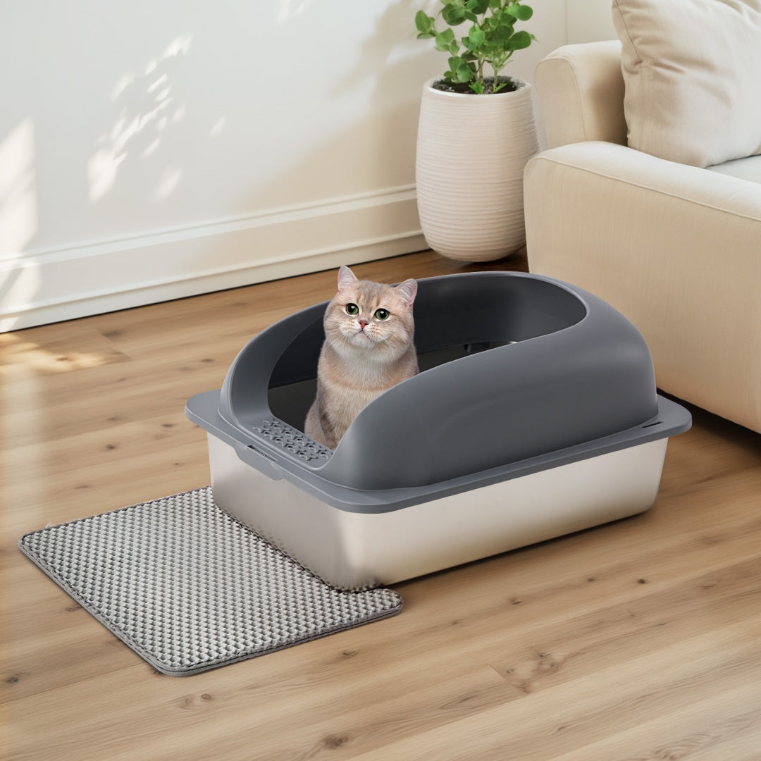 Stainless Steel Cat Litter Box With Lid, Large Cat Litter Box For Big Cats, Scoop And Mat Included