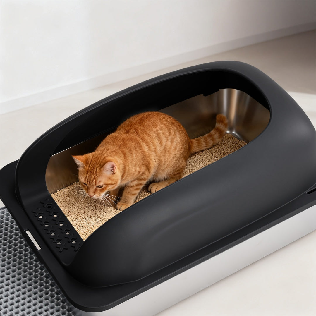 Stainless Steel Cat Litter Box With Lid, Large Cat Litter Box For Big Cats, Scoop And Mat Included