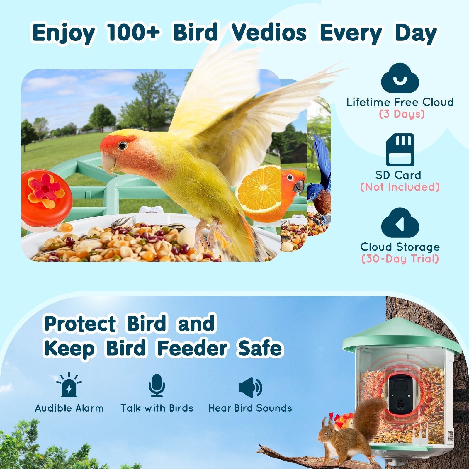 Smart Bird Feeder With Camera 2K HD AI Identify Bird Species Solar-Powered